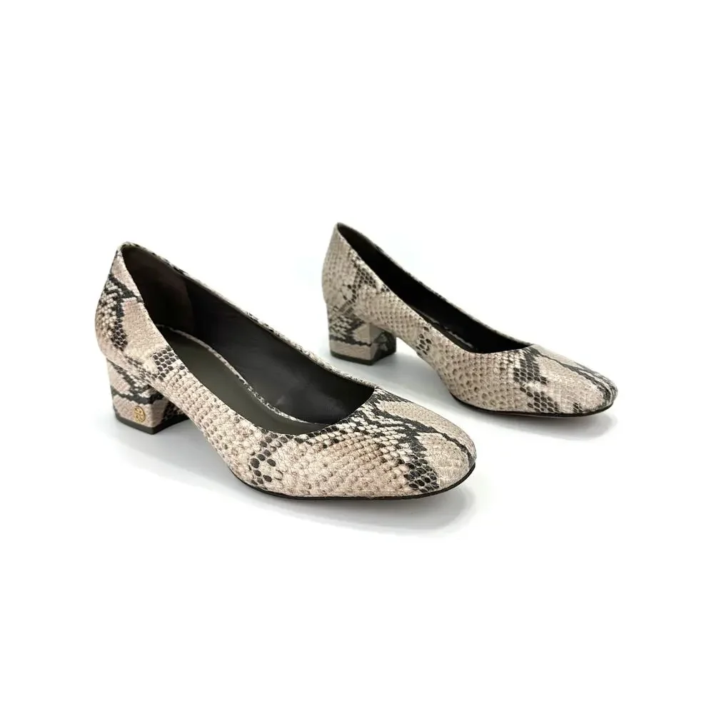 Tory Burch Block Heel Pump Sz 10M Tan Brown Snake Print Leather Closed Round Toe